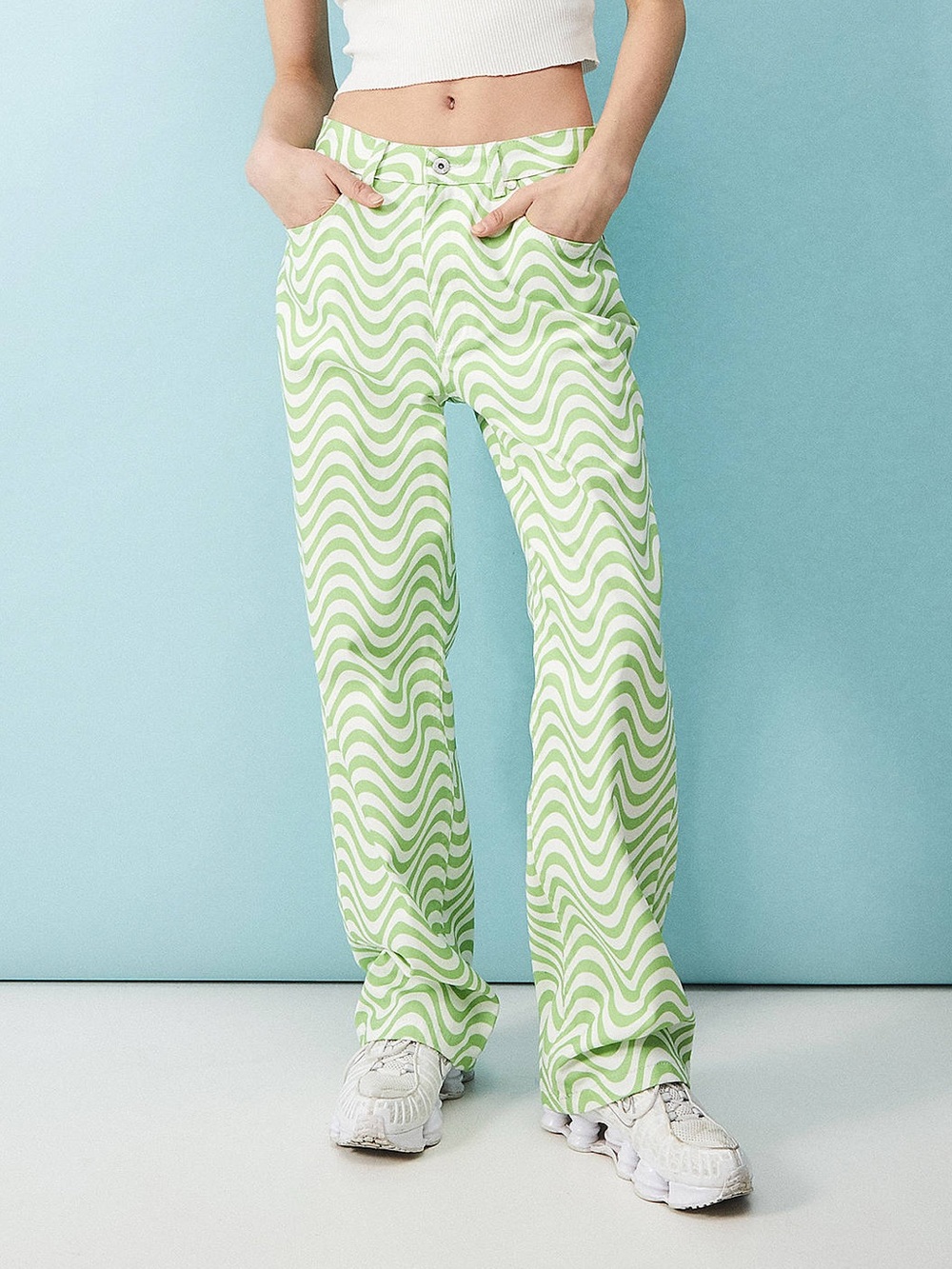 The Ragged Priest Retro Lime Green High Rise Wave-Print Wide-Leg Dad Jeans